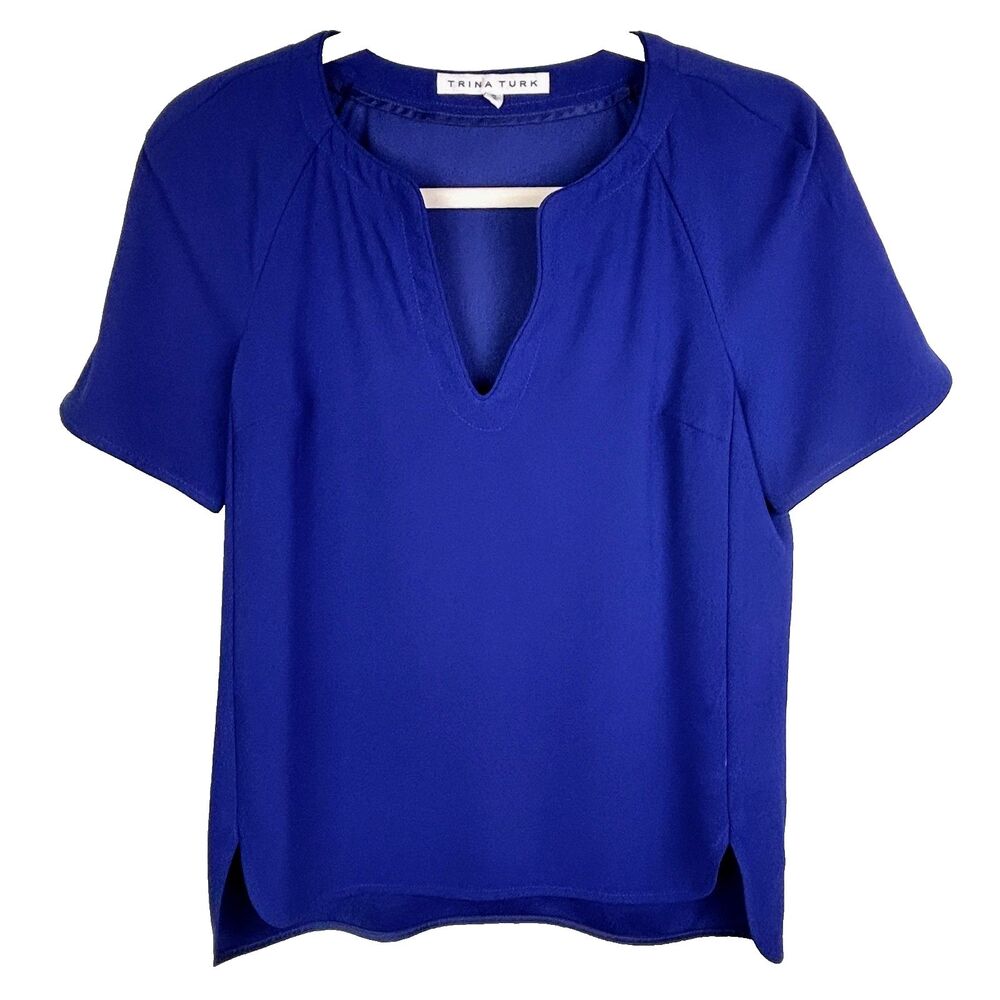 Trina Turk Pearle Cobalt Blue Short Sleeved Blouse Split Neck Career Classic S